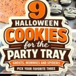 Collage of Halloween cookies including orange frosted bars, mummy cookies and monster treats