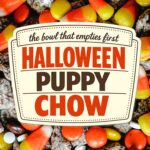 Close up of Halloween puppy chow with powdered sugar coated cereal, candy corn and orange candies