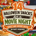 Collage of Halloween snacks including party mix, jack o lantern pastries and green monster bars