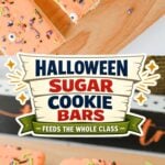 Orange frosted sugar cookie bars with Halloween sprinkles and candy eyes on a wooden board