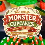 Yellow cupcakes with green frosting, candy eyes and candy corn teeth made to look like monsters