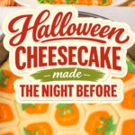 Slice of layered orange and green Halloween cheesecake beside pumpkin decorated sugar cookies