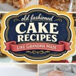 Collage of old fashioned cakes including apple dapple cake with caramel glaze, a powdered sugar bundt cake, red and green jello cake and a glazed jam cake
