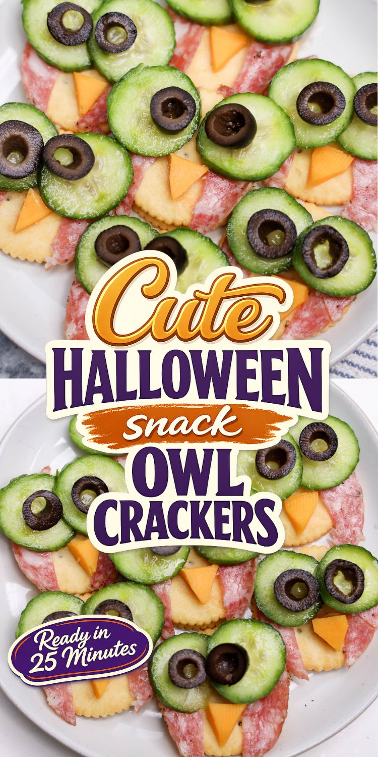 Cute Halloween snack owl crackers made with Ritz, salami, cheddar, cucumber and black olives