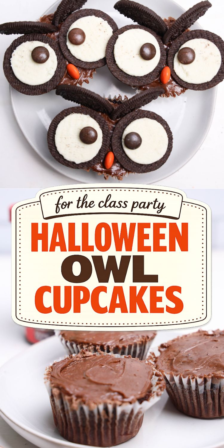 Owl cupcakes made with Oreo cookies and Reeses Pieces for a Halloween party