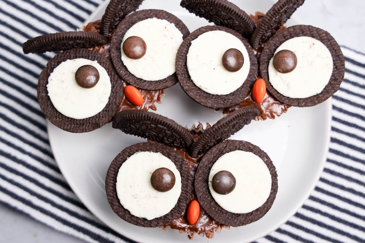 Overhead view of three owl cupcakes on a white plate over a black and white striped napkin