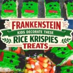 Rice Krispies treat bars frosted green with black candy eyes and red licorice mouths on a tray