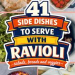 Collage of side dishes to serve with ravioli including cheddar biscuits, roasted zucchini and tomatoes, arugula, red cabbage slaw and creamed spinach