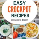 Grid of crockpot dishes including grape jelly meatballs, creamed corn, cinnamon rolls, queso dip, chicken noodle soup and buffalo chicken dip