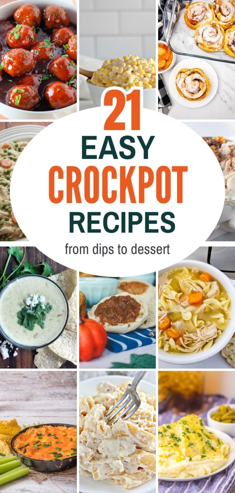 Grid of crockpot dishes including grape jelly meatballs, creamed corn, cinnamon rolls, queso dip, chicken noodle soup and buffalo chicken dip