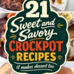 Grid of slow cooker dishes including beef roast with carrots, pork tenderloin, grape jelly meatballs, pumpkin white hot chocolate and a crack chicken sandwich