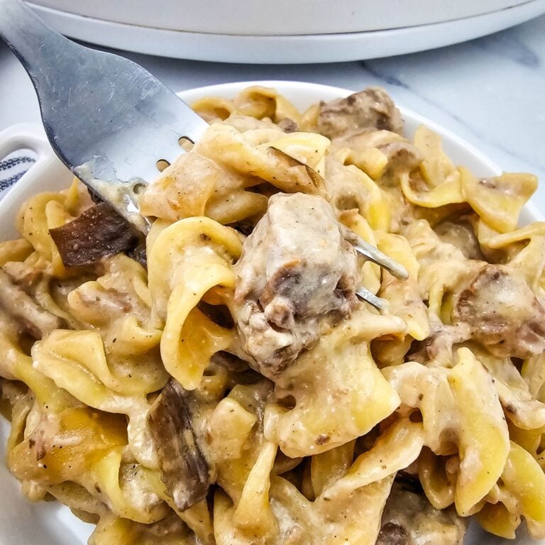 Creamy crockpot beef stroganoff over egg noodles in a white dish, close up