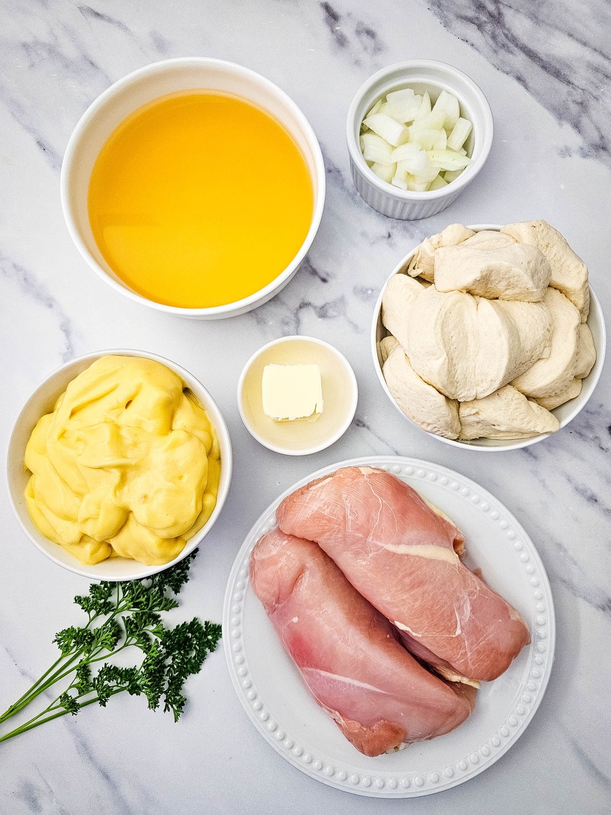 Ingredients for crockpot chicken and dumplings: chicken broth, diced onion, refrigerated biscuit dough, butter, condensed cream of chicken soup, parsley and two raw chicken breasts