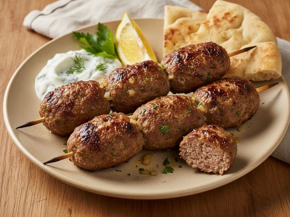 Grilled pork kofta skewers with yogurt sauce, lemon and pita