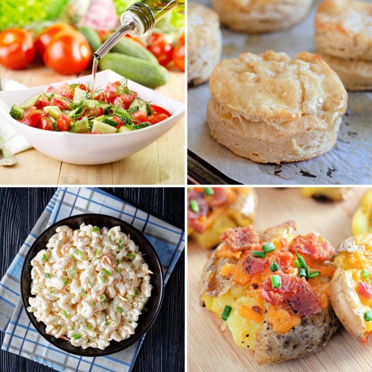Cucumber tomato salad, honey butter biscuits, creamy pasta salad and bacon cheddar smashed potatoes to serve with chicken salad sandwiches