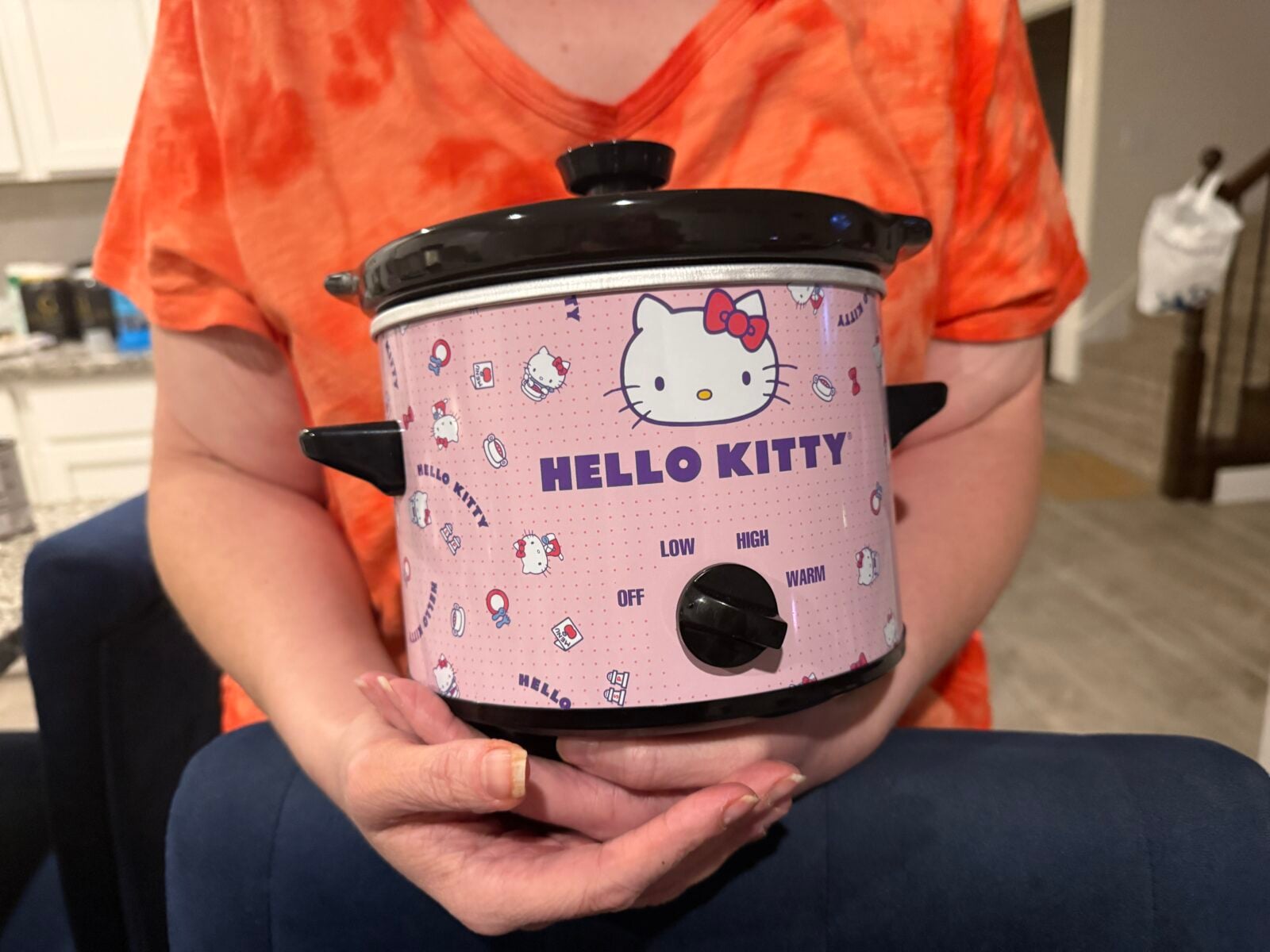 Two hands holding a pink Hello Kitty slow cooker