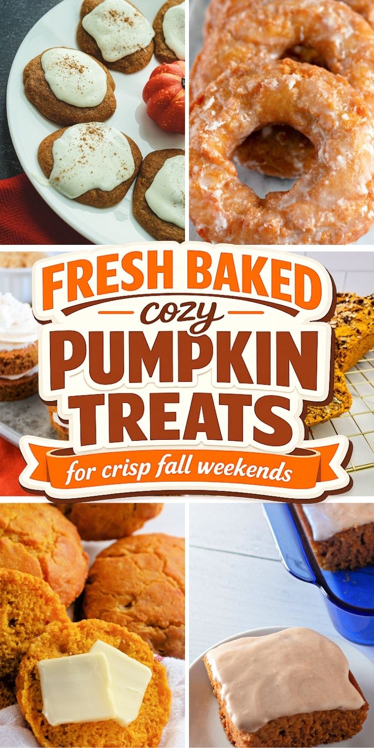 Pinterest collage of recipe photos with a badge reading: FRESH BAKED cozy PUMPKIN TREATS for crisp fall weekends