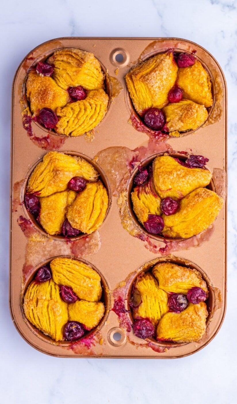 Cranberry Orange Monkey Bread Bites process: bake for 16 to 20 minutes, until the tops are golden brown and the biscuit pieces are cooked through
