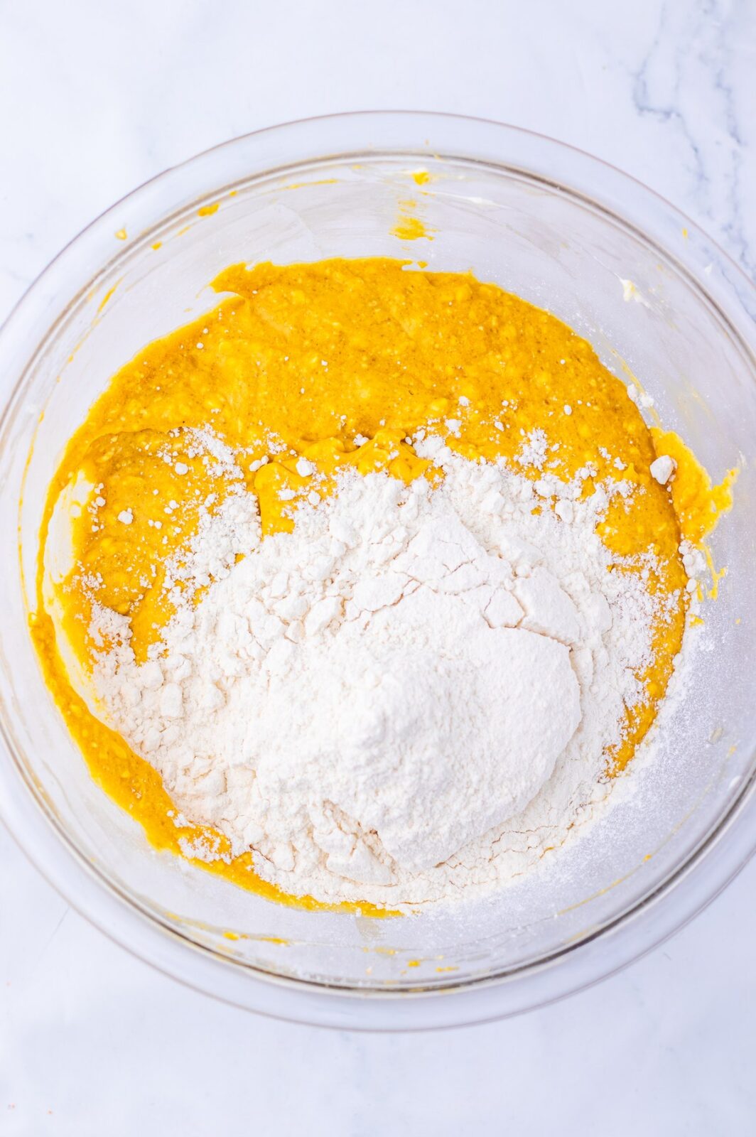 Pumpkin Spice Cookie Dough Dip process: add the heat treated flour and mix until the dip turns thick like cookie dough
