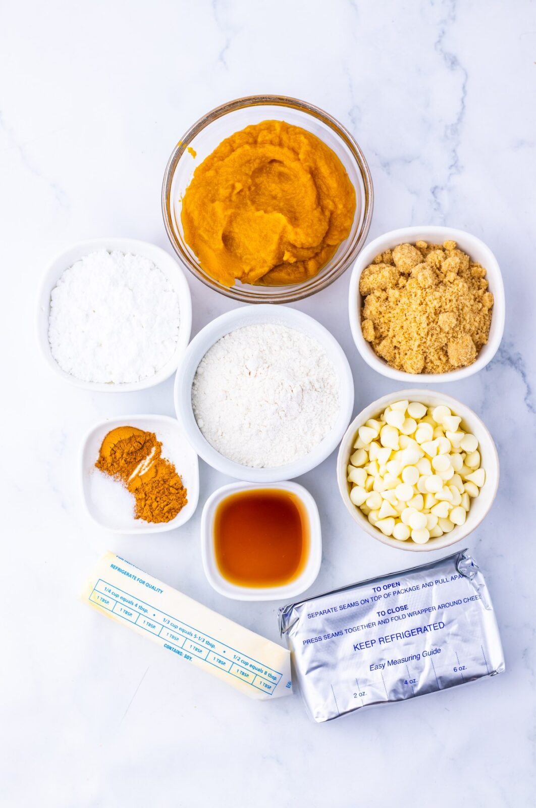 Pumpkin Spice Cookie Dough Dip process: gather the cream cheese, butter, canned pumpkin puree, brown sugar, powdered sugar, vanilla, pumpkin pie spice,
