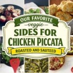 Collage of veggie side dishes for chicken piccata including roasted carrots, sauteed mushrooms, prosciutto wrapped asparagus and caprese salad
