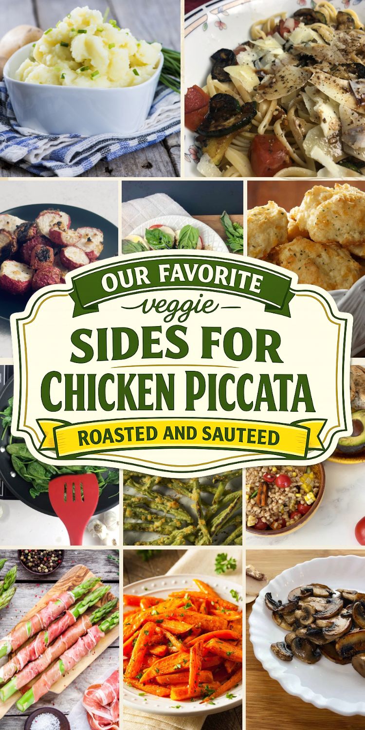 Collage of veggie side dishes for chicken piccata including roasted carrots, sauteed mushrooms, prosciutto wrapped asparagus and caprese salad