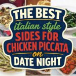 Collage of Italian style side dishes for chicken piccata for a date night dinner, including farro salad, garlic biscuits and roasted vegetables