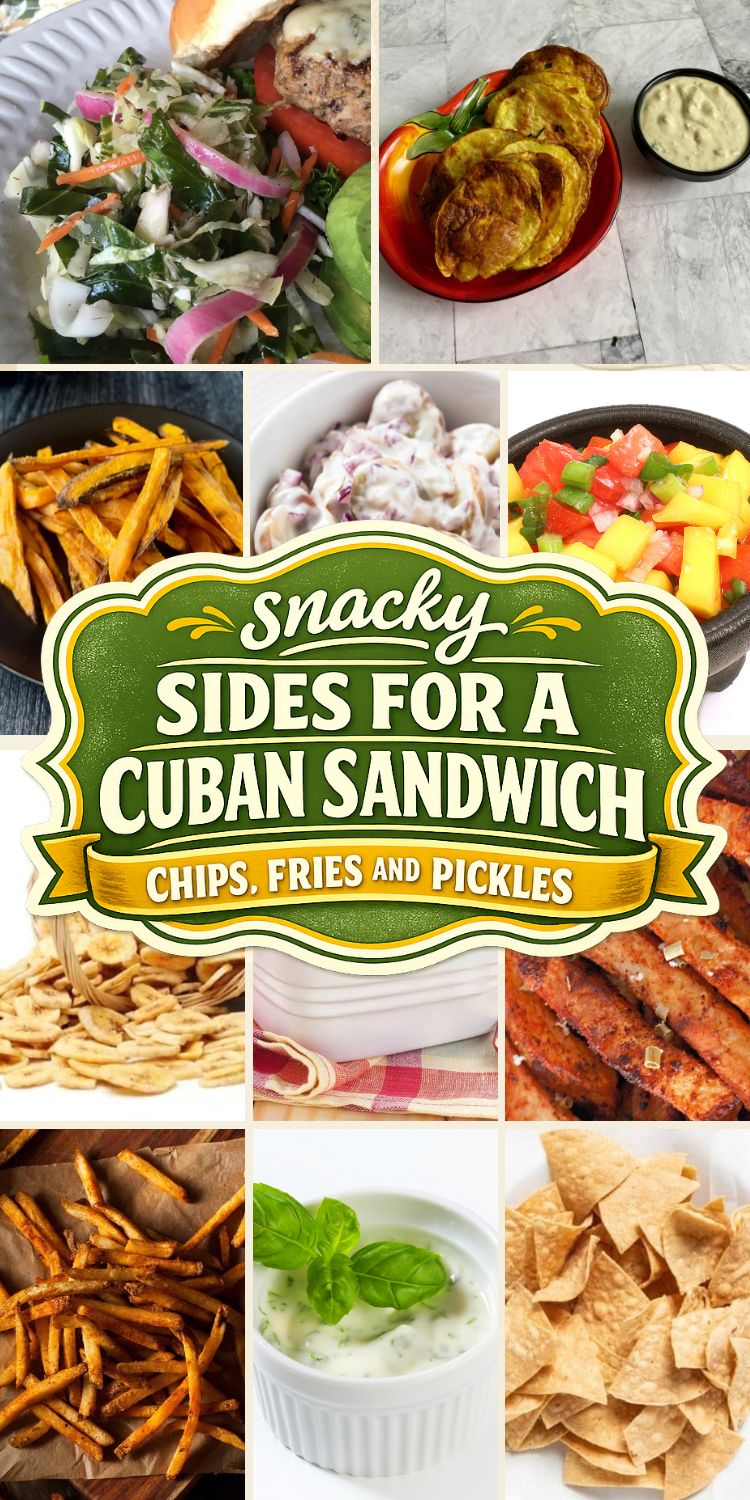 Collage of snacky sides for a Cuban sandwich including potato chips, tortilla chips, cajun fries, coleslaw and banana chips