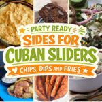 Collage of party sides for Cuban sliders including smashed potatoes, roasted chickpeas, tortilla chips, dips and fries