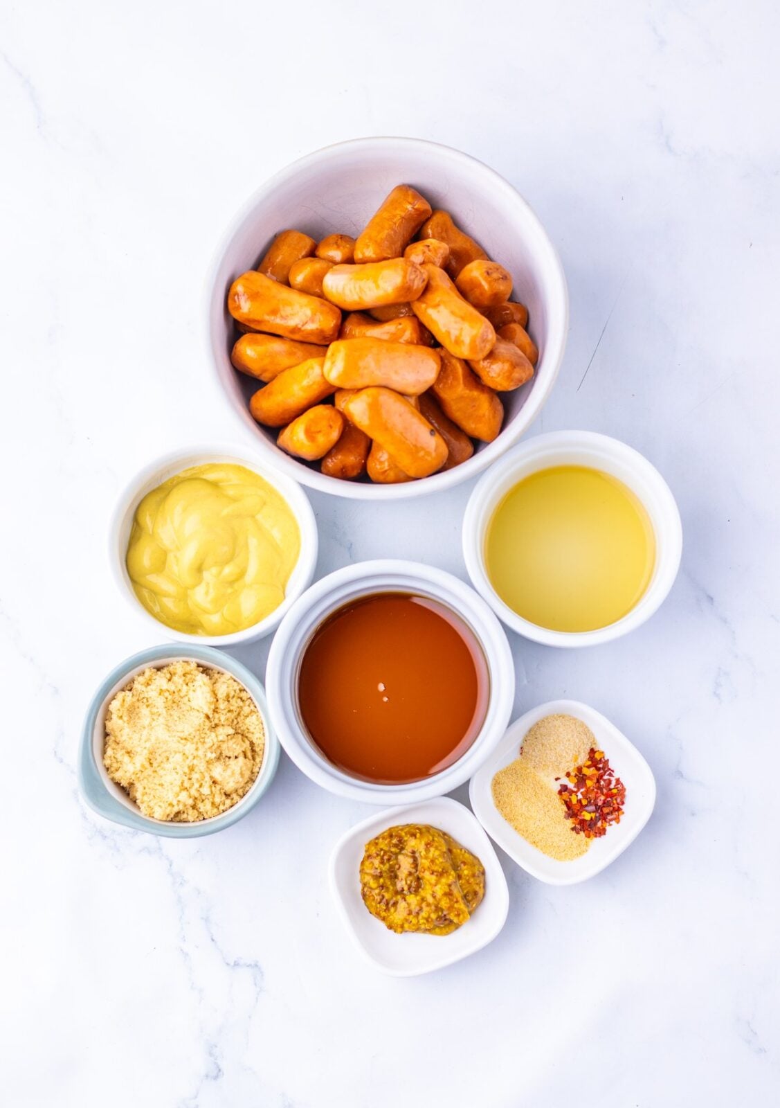 Slow Cooker Maple Dijon Lil Smokies process: gather the Lil Smokies, pure maple syrup, brown sugar, Dijon mustard, whole grain mustard, apple cider vinegar, garlic