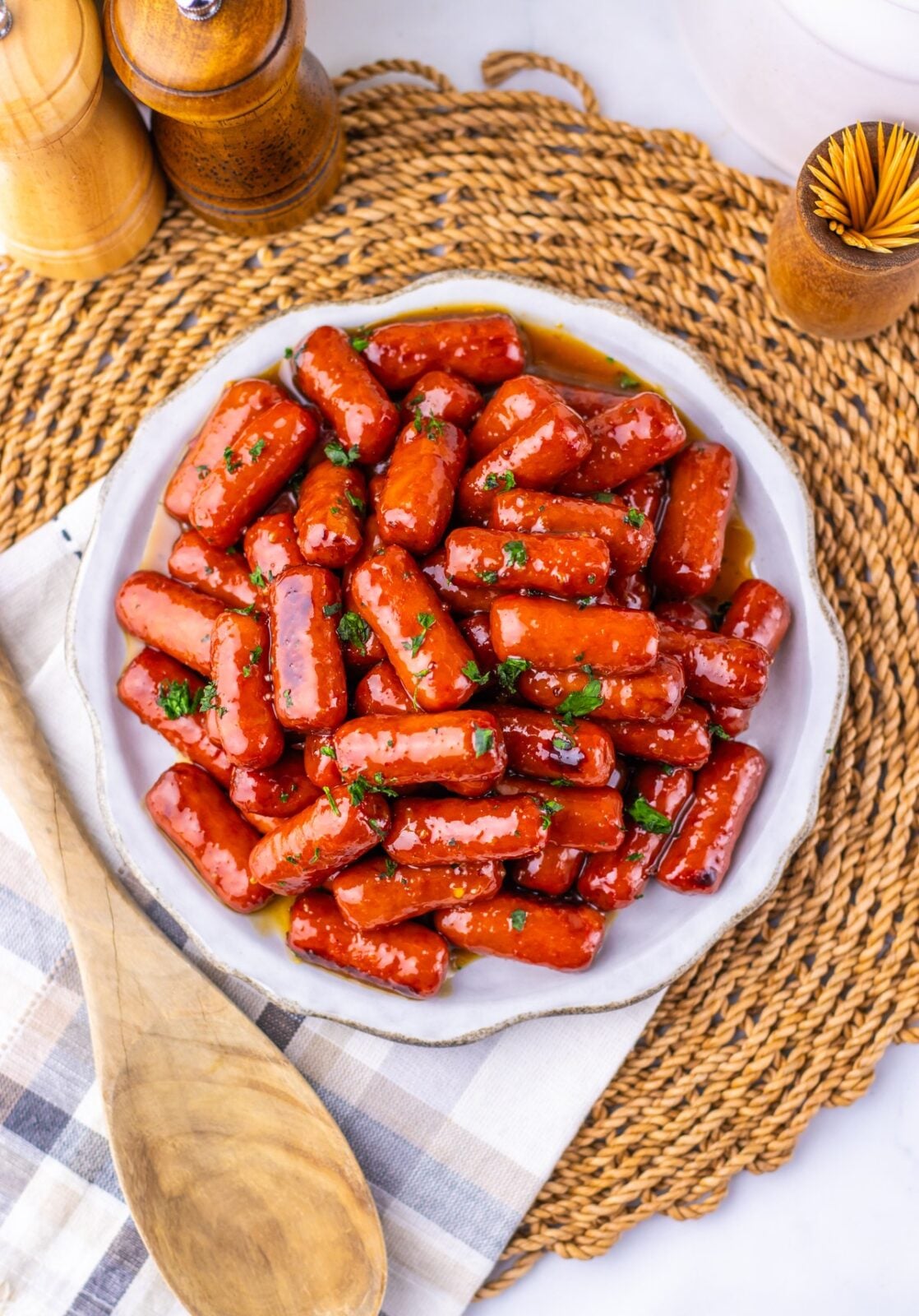 Finished Slow Cooker Maple Dijon Lil Smokies ready to serve