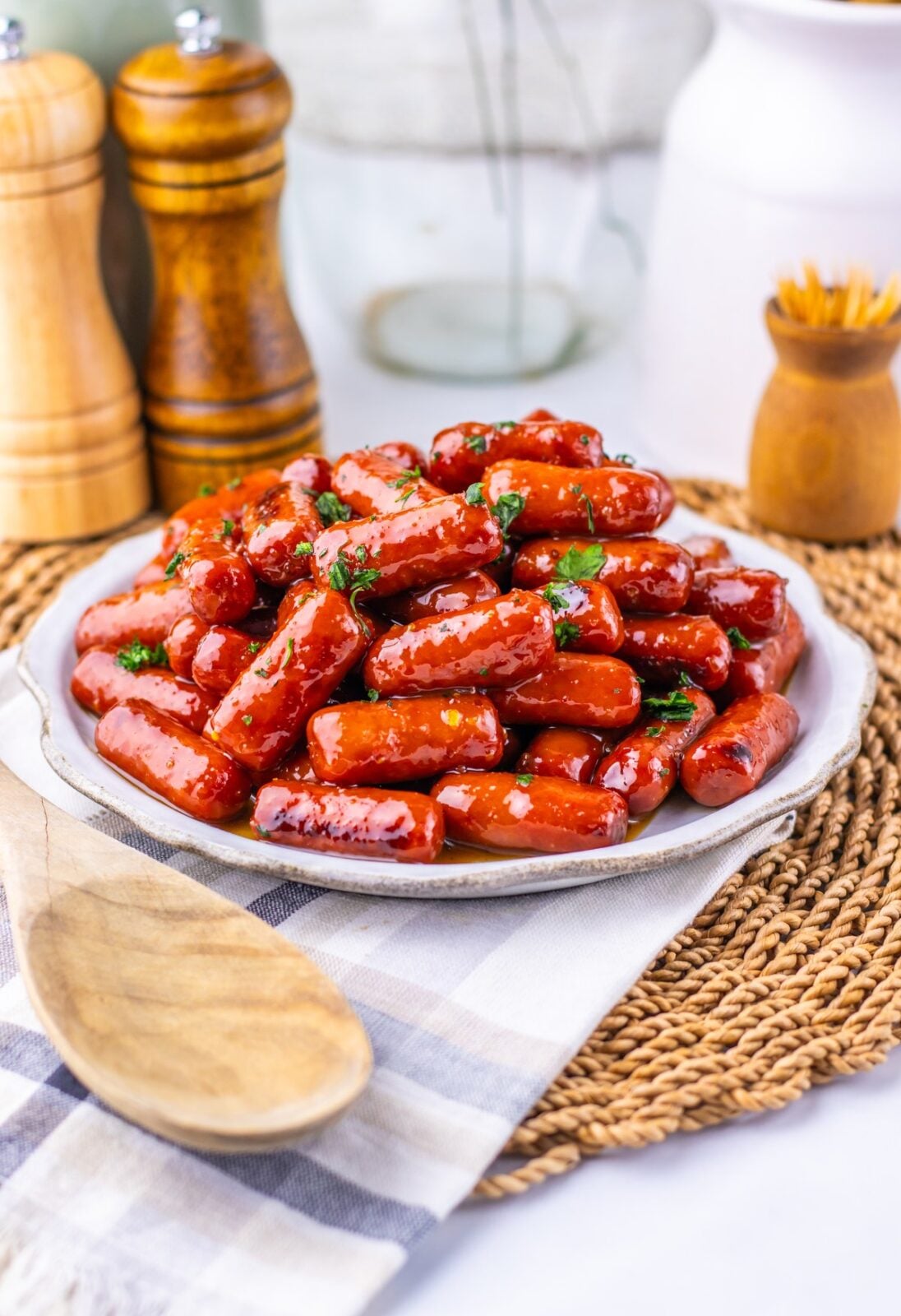 Slow Cooker Maple Dijon Lil Smokies served on a plate