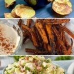 Air fryer potato chips, carrot fries and Hawaiian macaroni salad to serve with chicken salad sandwiches