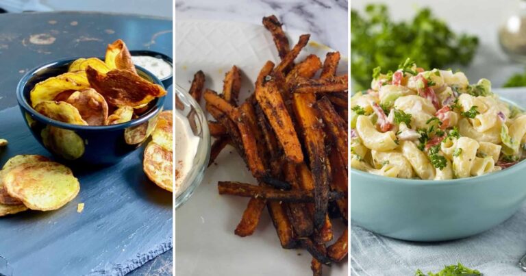 Air fryer potato chips, carrot fries and Hawaiian macaroni salad to serve with chicken salad sandwiches