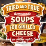 Collage of homemade soups and sides to serve with grilled cheese, including butternut squash soup, potato bacon soup and chicken noodle soup