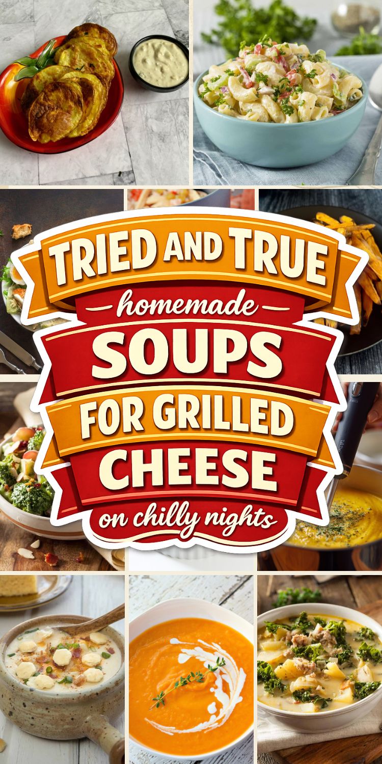 Collage of homemade soups and sides to serve with grilled cheese, including butternut squash soup, potato bacon soup and chicken noodle soup
