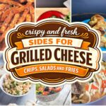 Collage of sides for grilled cheese including potato chips, macaroni salad, Caesar salad and sweet potato fries