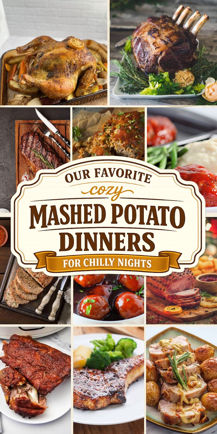 Pinterest collage of recipe photos with a badge reading: OUR FAVORITE cozy MASHED POTATO DINNERS FOR CHILLY NIGHTS
