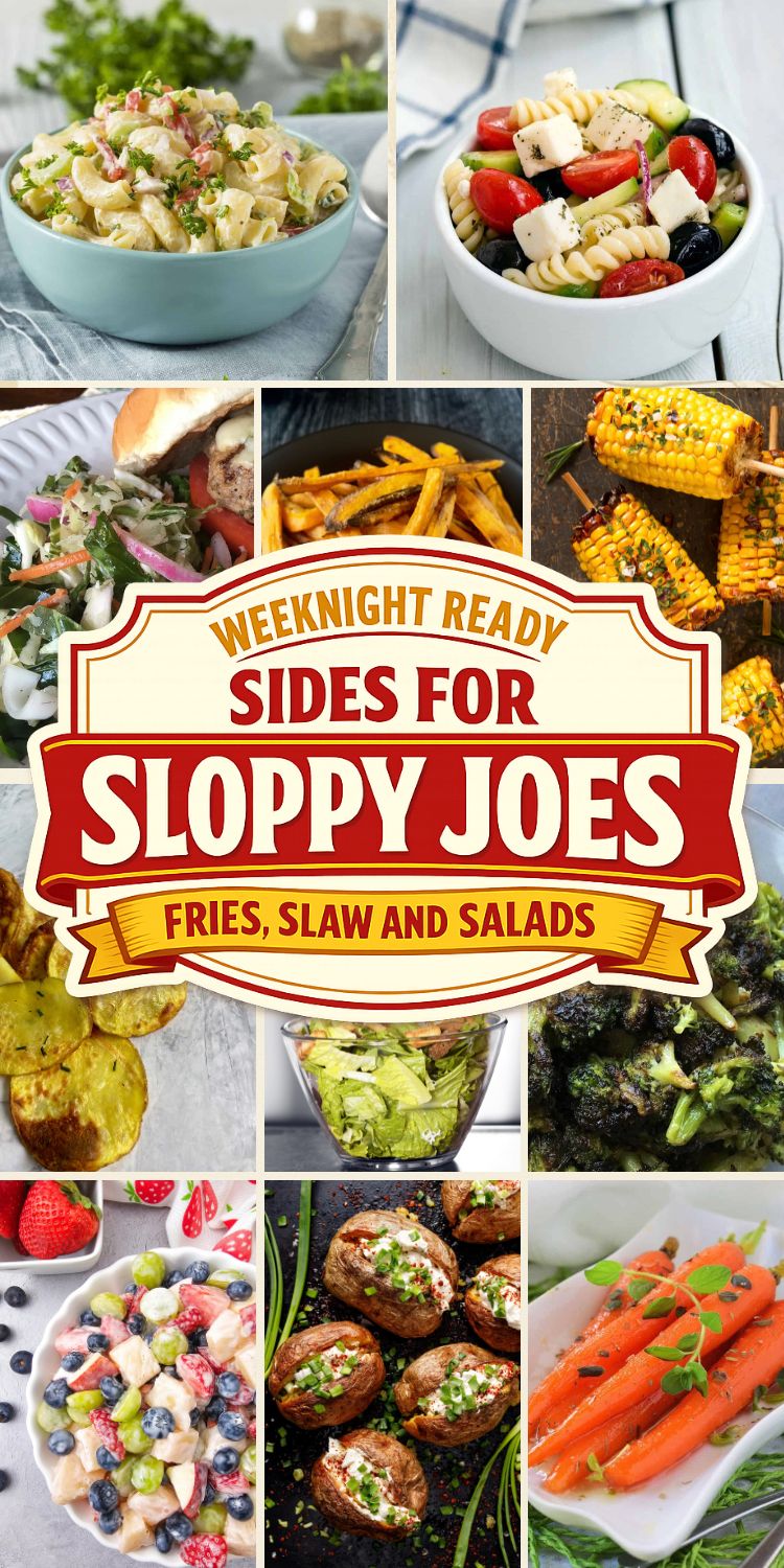 Collage of sides for sloppy joes including pasta salad, coleslaw, corn on the cob, fries and fruit salad