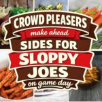 Collage of make ahead sides for sloppy joes including mac and cheese, potato salad, street corn and seasoned fries