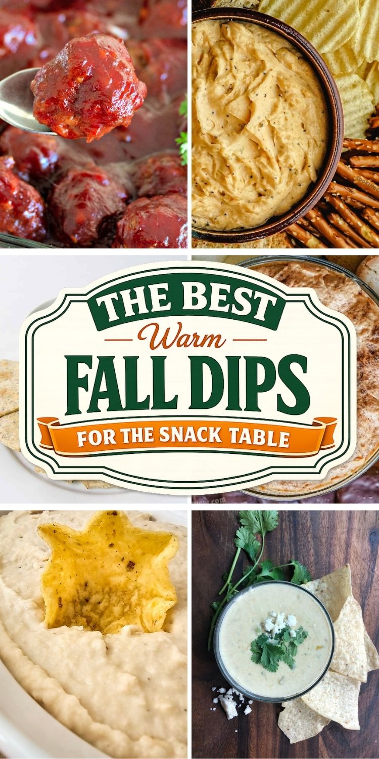 Pinterest collage of recipe photos with a badge reading: THE BEST Warm FALL DIPS FOR THE SNACK TABLE